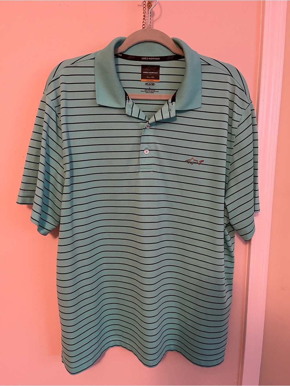Tasso Elba Greg Norman Men's Light Green Striped Golf Polo